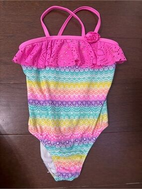 Arizona Jean Company Girls Pink Ruffle One-Piece Swimwear with Rainbow Pattern